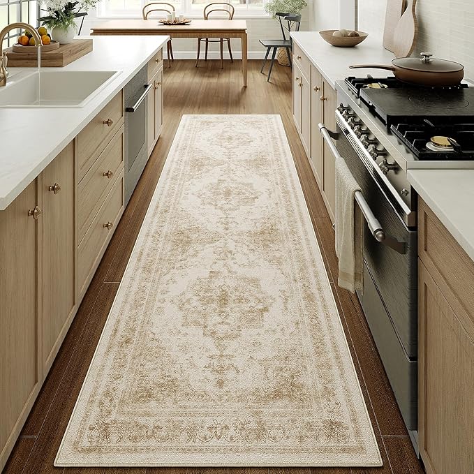 PureCozy Runner Rug 2x10 Cream Hallway Washable Beige Carpet Non Slip Vintage Medallion Beige Carpet Low Pile Soft Distressed Retro Indoor Long Rug for Entryway Kitchen Bathroom Laundry Bedroom