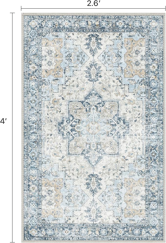 BESBLEE Runner Rug 2'6''x4, Non Slip Vintage Machine Washable Runner Rug, Low Pile Lighrweight Rugs for Entryway, Hallway, Kitchen and Corridor, Blue