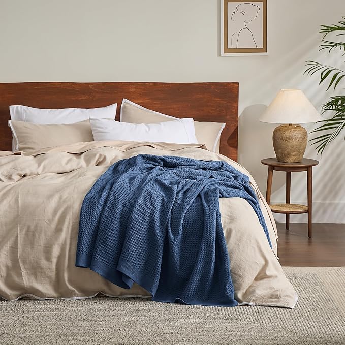 Bedsure Gentlesoft 100% Cotton Blanket Twin XL Size for College Dorm - Breathable and Soft for Spring Summer, Waffle Weave Twin Blanket for Bed, Dorm Room Essentials, Navy, 66x90 inches