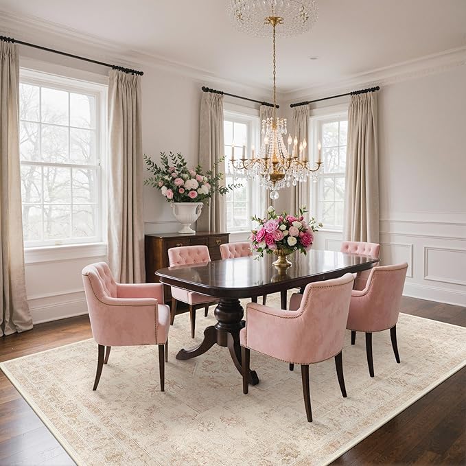 BESBLEE 6x9 Area Rugs for Living Room, Machine Washable Rug, Non Slip Vintage Rugs, Low Pile Lightweight Print Rug for Bedroom, Dining Room, Home Office, Pink