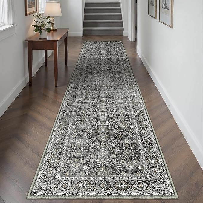 PureCozy Black Runner Rug 2'6"x12' Vintage Area Carpet Hallway Long Indoor Kitchen Washable Living Room Low Pile Traditional Distressed Retro Accent Rug Non Slip Laundry Bathroom Office Dining Room