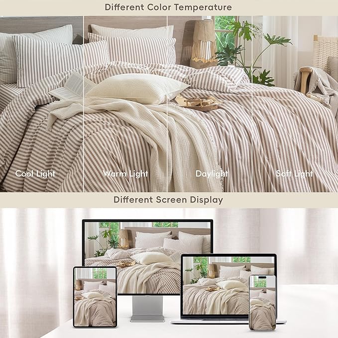 MooMee Striped Duvet Cover Set 100% Washed Cotton Linen Like Textured Breathable Durable Soft Comfy (Orange Classic Stripes, Cal King 104"x98")