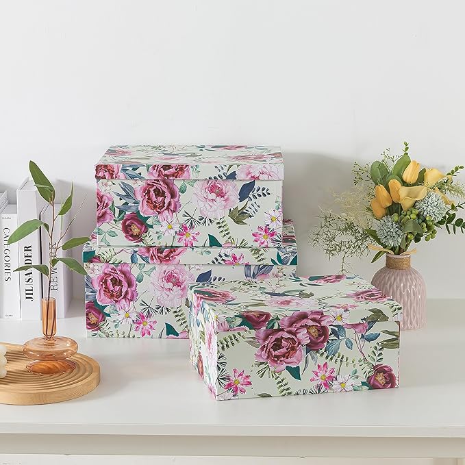 Soul & Lane Decorative Cardboard Storage Boxes with Lids for Home Decor and Organization, Set of 3 Large Keepsake Boxes for Memories & Gifts, Nesting Floral Photo Storage Containers, Floral Luxe