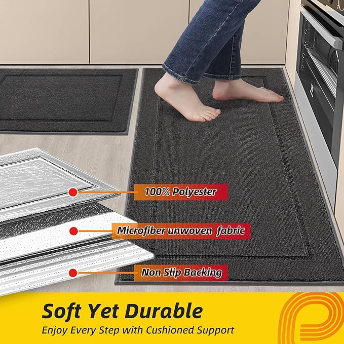 JSEI Non-Slip Kitchen Mats, Self Adhesive No Sliding Kitchen Rugs Set of 2, Washable Absorbent Floor Mat for Kitchen, Bathroom, Laundry Room, Bedroom, 20”x32”+32”x48”, Dark Grey, Rectangular Pattern