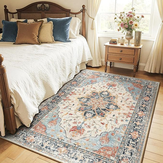 RELEANY Area Rugs 4'x6' Washable Non-Slip, Floral Vintage Distress Print Pattern Medallion Carpet for Living Room Bedroom Dining Room, Beige Navy Blue Orange Colorful