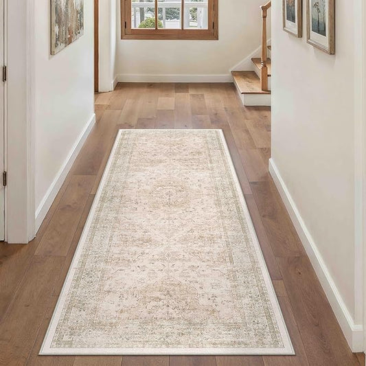 PureCozy Hallway Runner Rug 2x5 Washable Beige Vintage Distressed Runner Oriental Soft Thin Indoor Carpet Non Slip Low Pile Throw Rug for Kitchen Bedroom Laundry Bedside Entryway