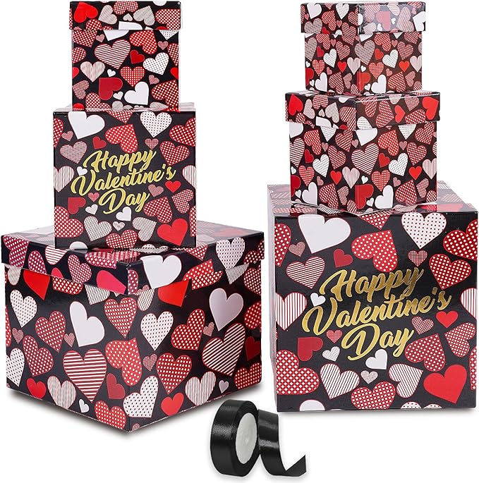 6PCS Valentine's Day Nesting Gift Boxes With Lid, Square With Ribbon, Decorative Assorted Size for Presents Wrapping, Party Favor (Black)