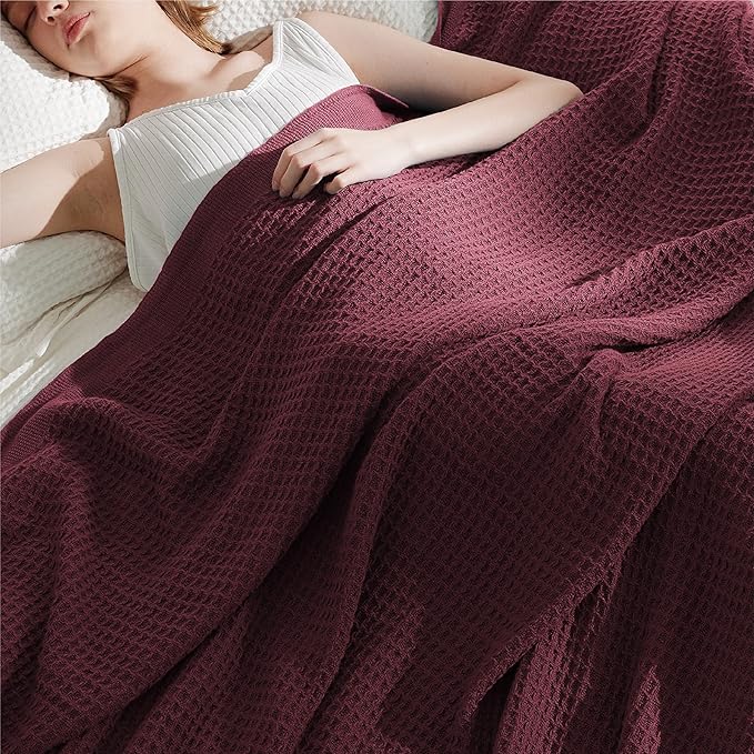 Bedsure Gentlesoft 100% Cotton Blanket Queen Size for Bed - Breathable and Soft for Spring Summer, Thick Cozy Waffle Weave Blanket Gifts for Women, Burgundy, 90x90 Inches