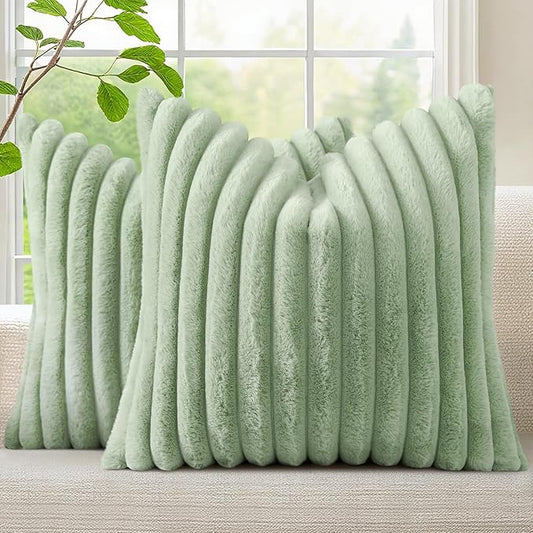 decorUhome Faux Fur Spring Throw Pillow Covers 16x16 Set of 2, Decorative Soft Plush Striped Neutral Couch Pillow Covers with Velvet Back for Sofa, Bed, Living Room Home, Sage Green