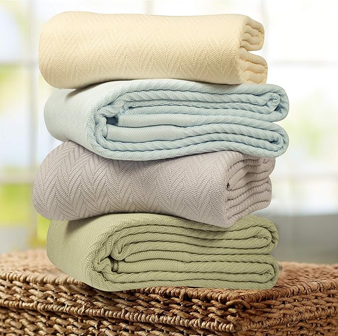Threadmill Luxury Cotton Blankets for Twin Size Bed | All-Season 100% Cotton Twin Blanket for Bed | Herringbone, Soft & Cozy Fall Thermal Blanket, 350GSM, 68x92 inches | Light Blue