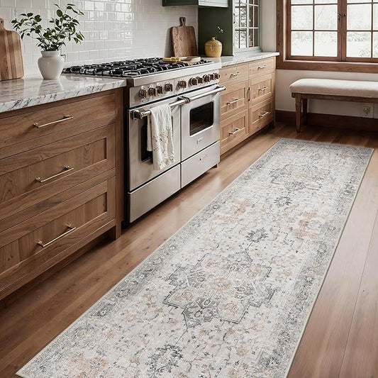BESBLEE Runner Rug 2'6''x8, Non Slip Vintage Hallway Runner Rugs, Low Pile Lightweight Machine Washable Mat for Hallway, Entryway, Bedroom, Kitchen and Corridor, Light Taupe Brown