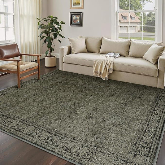 PureCozy Vintage Area Rug 5x7 Washable Olive Brown Living Room Carpet Large Indoor Non Slip Bedroom Low Pile Kitchen Distressed Retro Accent Throw Rug for Dining Room