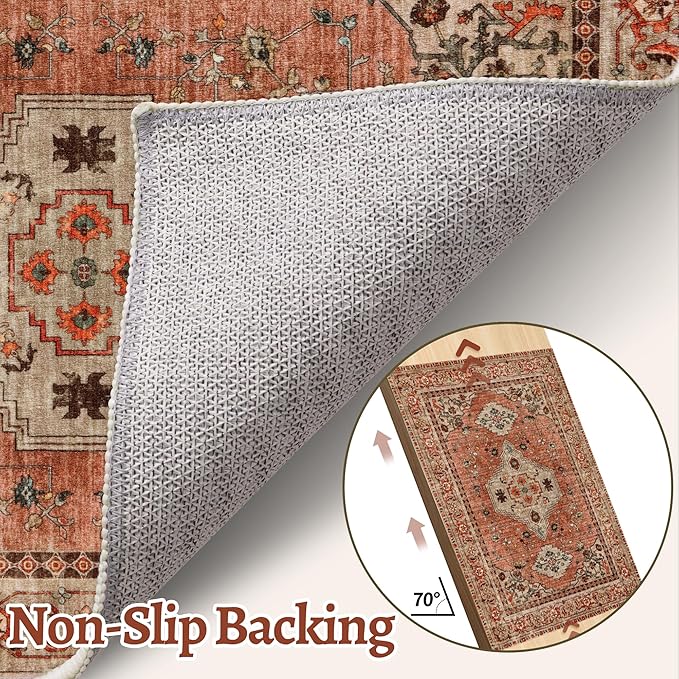 Tangsoo Boho 3x8 Runner Rug for Hallway Long Washable Hallway Runner Rugs, Non Slip Vintage Soft Low Pile Rug Runner, Oriental Terracotta 8ft Carpet Runners for Kitchen Bedroom Entryway Living Room