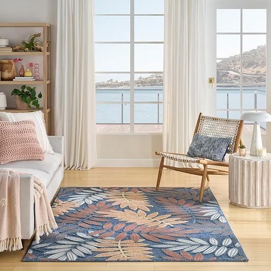 Nourison Home Aloha Blue Rose 5'3" x 7'5" Area Rug - Easy Clean, Non Shedding, Bed Room, Living Room, Dining Room, Kitchen (5' x 8')