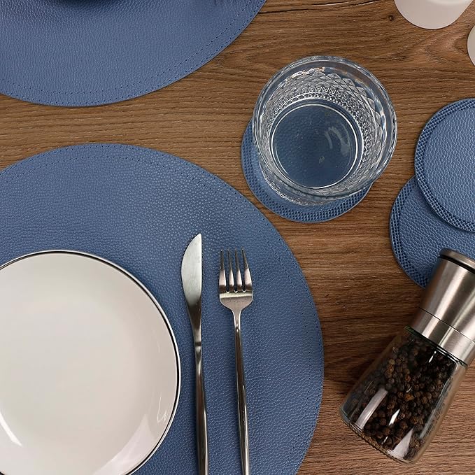 Jovono Faux Leather Round Placemats and Coasters, Coffee Mats Kitchen Table Mats, Set of 4 Waterproof Place Mat, Easy to Clean for Kitchen Dining Round Table