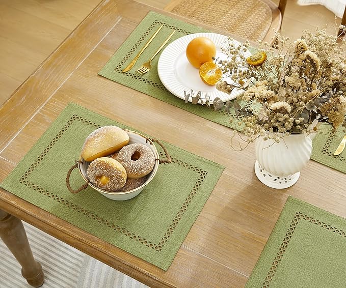 Burlap Placemats Set of 6, 12 x 18 Inch Rustic Geometric Hollow Place Mats, Heat Resistant Placemats for Farmhouse Kitchen Table Decor, Sage Green 6PCS