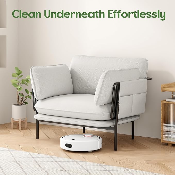 AYEASY Modern Accent Chair for Living Room, Oversized Reading Chair with Solid Metal Legs, Upholstered Fabric Armchair with Side Pockets and 2 Pillows, Comfy Accent Chairs for Bedroom, Nursery, White