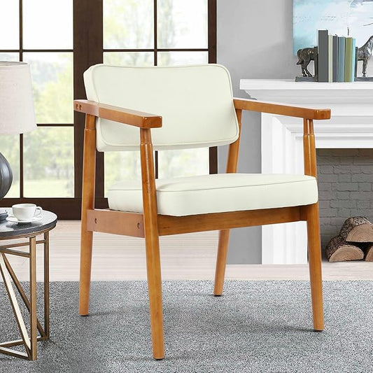 LSSPAID Mid Century Dining Chairs Set of 1, Beige Linen Fabric Upholstered Armchair with Wooden Handrail, Comfy Backrest Modern Kitchen Chairs for Bedroom Living Room Dining Room