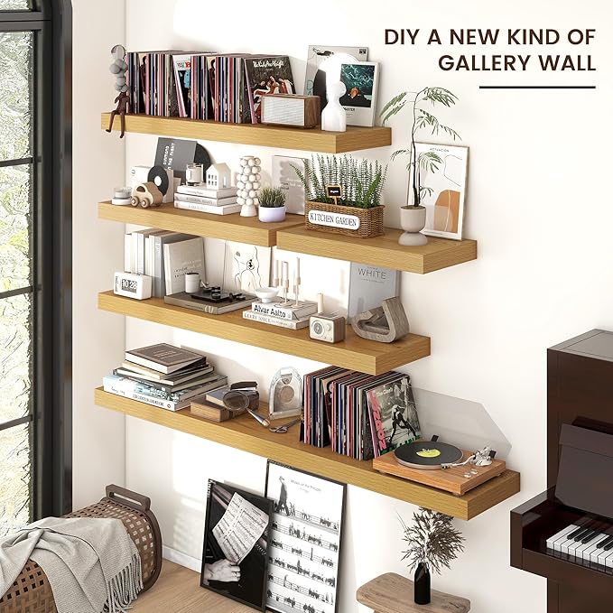 Floating Shelves for Wall, Engineered Wood Wall Shelves with Invisible Brackets for Living Room Bedroom Bathroom Office Kitchen Decor and Storage (Oak, 24" W x 9" D x 1.5" H) Set of 2