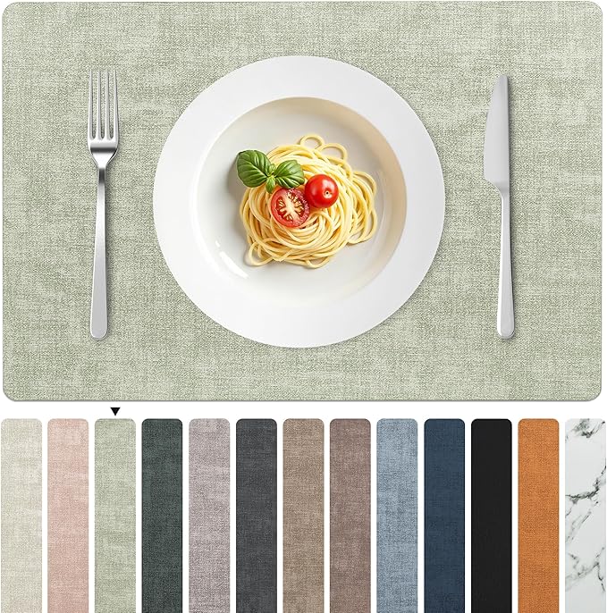 FROMHEART Faux Leather Placemats Set of 12–Waterproof,Heat/Oil Stain-Resistant PU Table Mat–Reversible,Non-Slip,Easy to Clean Place Mats for Kitchen,Dining,Indoor/Outdoor,(Light Green,11.8" x 17")