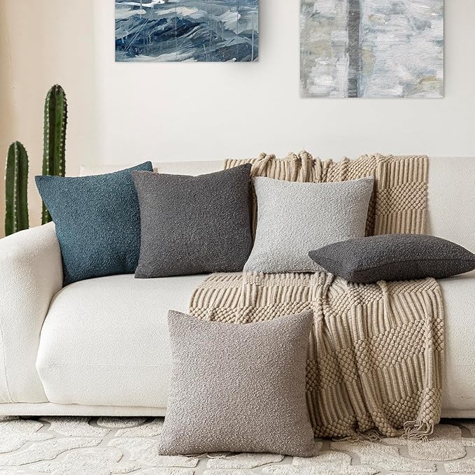 Foindtower Textured Boucle Throw Pillow Covers Accent Solid Pillow Cases Cozy Soft Decorative Couch Cushion Case for Chair Sofa Bedroom Living Room Home Decor, 18 x 18 Inch,Blue
