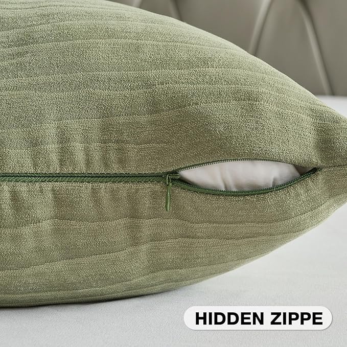 FUTEI Sage Green Chenille Decorative Throw Pillow Covers 12x20 Inch Set of 2,Soft Crushed Striped Texture Lumbar Pillow Cases,Modern Home Decor for Couch Bed Living Room