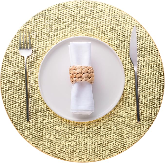 Jovono 15" Faux Leather Big Round Placemats Set of 6 - Washable Heat Resistant Non-Slip Dining Table Mats with Fabric Texture for Kitchen Home Party Wedding Decor, Gold