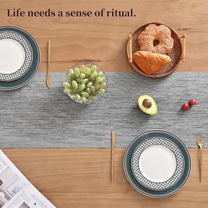 Leetaltree Grey Table Runner and Placemats Set of 5, Heat Resistant Non-Slip Place mats for Dining Table, Washable Durable PVC Vinyl Woven Table Mats Set