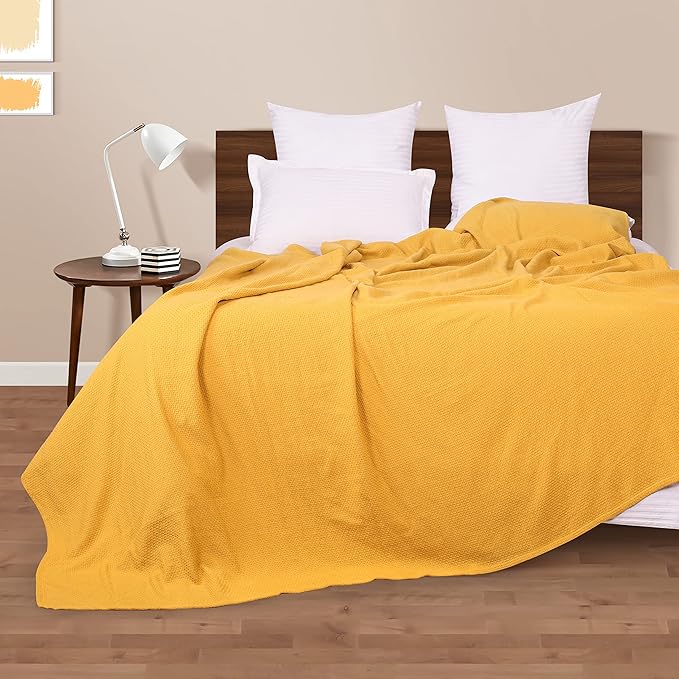BOUTIQUO 100% Cotton Bed Blanket, Breathable Thermal Full - Queen Size, Soft Honeycomb Waffle Blanket 90'x90', Perfect for Layering Any Bed for All Season, Mustard Yellow