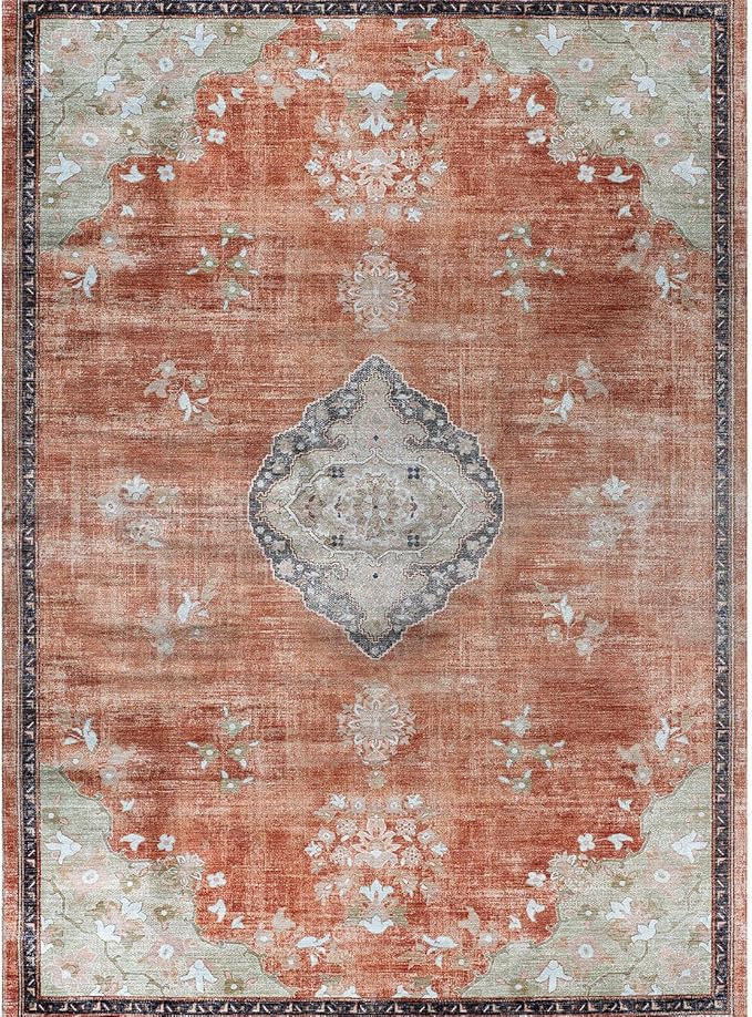 Beverly Rug Non Slip Rugs 8x10 Boho Medallion Floral Non Skid Rubber Backing Easy Silk Soft Area Rug for Living Room Easy to Clean Non Shedding Kitchen Bedroom Indoor Carpet (8 x 10 Orange - Cream)