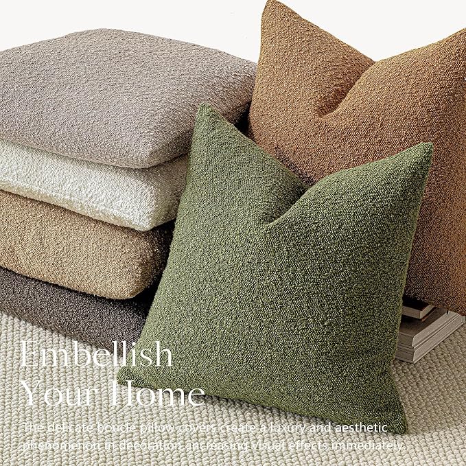 Foindtower Decorative Boucle Throw Pillow Covers Accent Solid Pillow Cases Cozy Soft Textured Couch Cushion Case for Chair Sofa Bedroom Living Room Home Decor 22 x 22 Inch,Green