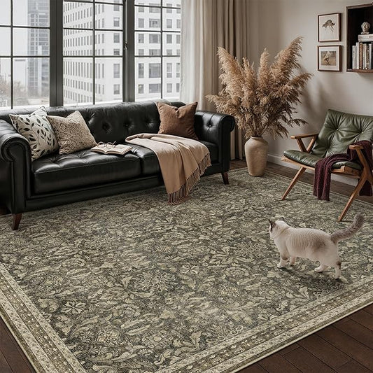 PureCozy Brown 6x9 Area Rug Washable Vintage Living Room Bedroom Carpet Indoor Large Non Slip Soft Low Pile Thin Rug Retro Accent Throw Office Dining Room