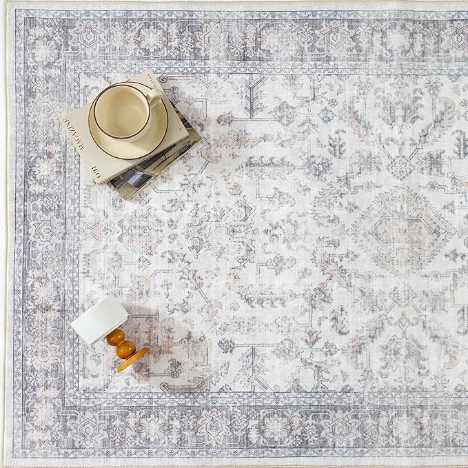 PureCozy 5x7 Grey Area Rug Vintage Washable Living Room Boho Carpet Non Slip Bedroom Indoor Office Low Pile Traditional Distressed Retro Accent Rug for Dining Room Bathroom Office Kitchen Dorm