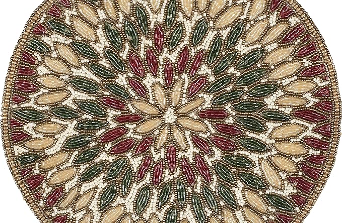 Beaded Charger 13" Round Floral Marigold – Gold, Red, Green, Placemats for Dining Table, Beaded Charger, Holiday & Christmas Décor