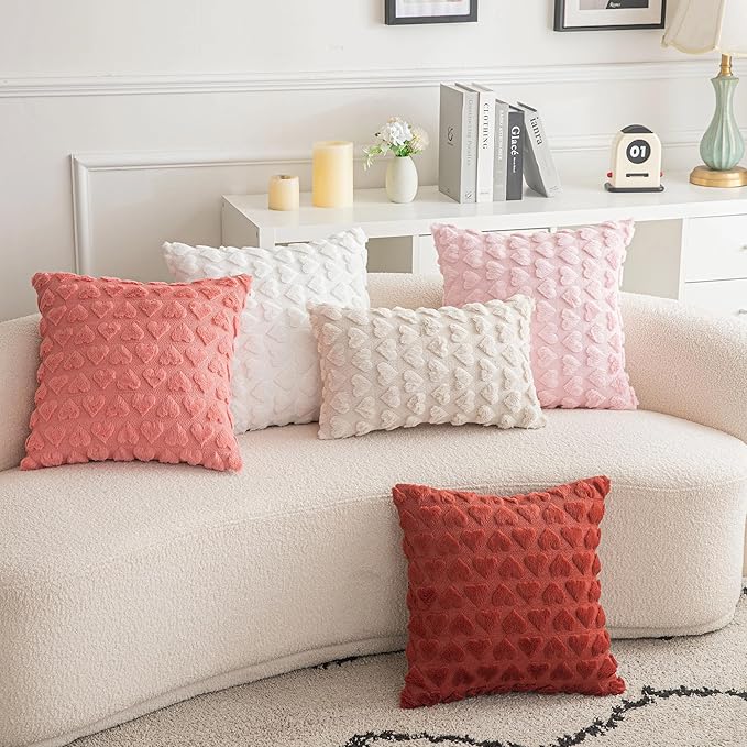 AQOTHES Set of 2 Heart Love Cute Pink Decorative Valentines Throw Pillow Covers 18x18, Soft Plush Faux Fur Pillow Covers for Couch Sofa Home Valentines Day Decoration