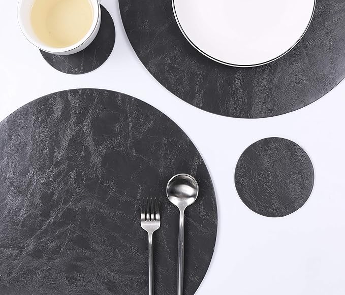 Set of 6 Embossed PU Leather Placemats, Waterproof Coffee Coasters, Kitchen Table Mats, Easy to Wipe Off for Dining Round Table