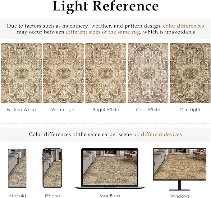 PureCozy Brown Multi Area Rug 6x9 Vintage Washable Distressed Living Room Carpet Large Indoor Non Slip Traditional Medallion Retro Low Pile Accent Throw Rug Bedroom Kitchen Office Dining Room