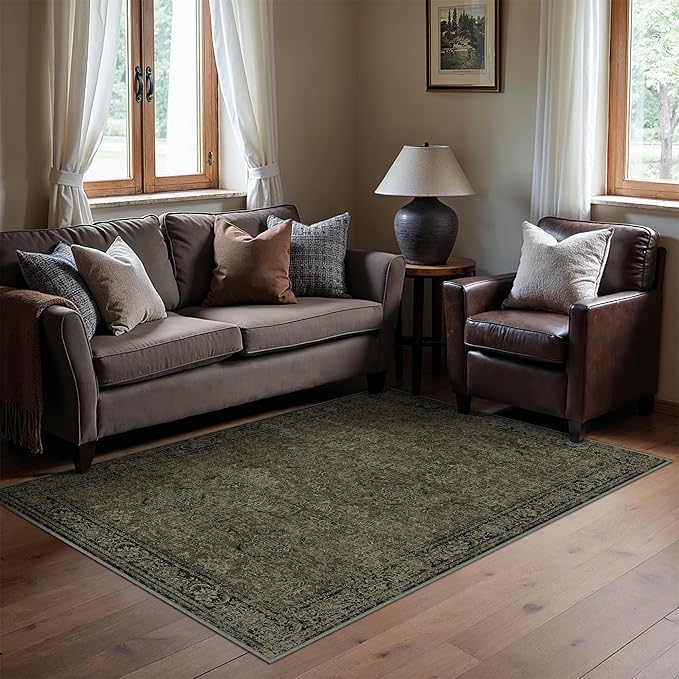 PureCozy Vintage Area Rug 5x7 Washable Olive Brown Living Room Carpet Large Indoor Non Slip Bedroom Low Pile Kitchen Distressed Retro Accent Throw Rug for Dining Room