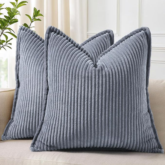 decorUhome Spring Corduroy Blue Grey Euro Sham Throw Pillow Covers 22x22 Set of 2 Decorative Soft Boho Farmhouse Couch Pillow Covers for Living Room Bed Sofa Broadside Striped Pillow Cases