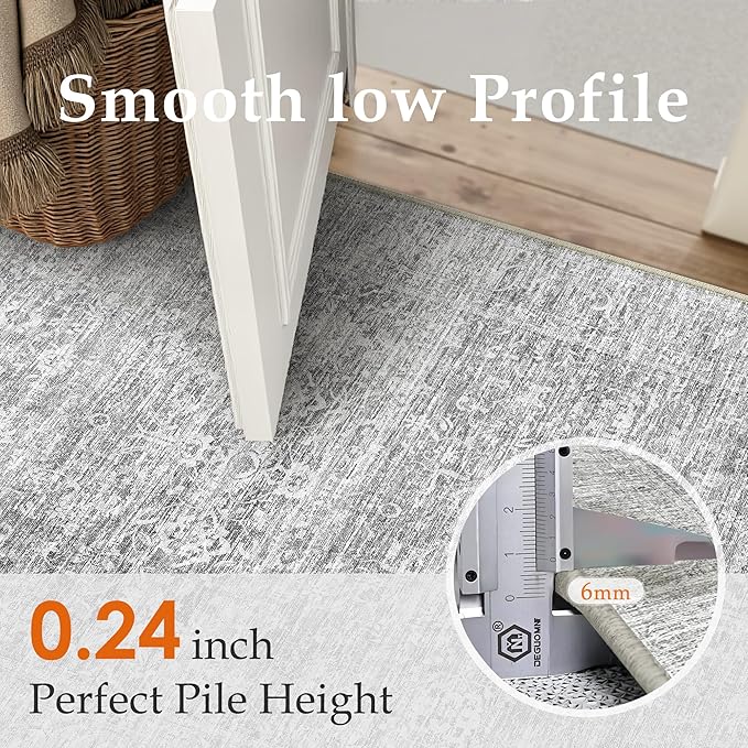 PureCozy 2x6 Runner Rug Gray Machine Washable Hallway Kitchen Vintage Distressed Non Slip Carpet Indoor Small Long Low Pile Thin Bedroom Bathroom Retro Accent Throw Rug Laundry Living Room