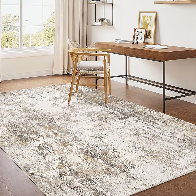 WondRg 3x4 Washable Area Rug Brown Grey Abstract Entryway Office Throw Rug Neutral Modern Non Slip Soft Low Pile Small Carpet for Kitchen Living Room Bedroom Entrance