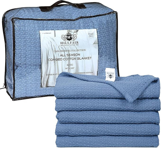 HILLFAIR 100% Cotton Blanket- 120" x 120" XXL Oversized King Bed Blankets - Family Size 10 ft x 10 ft Big - All Season Soft Cozy Breathable Blankets for Bed - Extra Large King Cotton Blanket- Blue