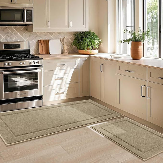 JSEI Non-Slip Kitchen Mats, Self Adhesive No Sliding Kitchen Rugs Set of 2, Washable Absorbent Floor Mat for Kitchen, Bathroom, Laundry Room, Bedroom, 24”x36”+24”x60”, Beige, Rectangular Pattern