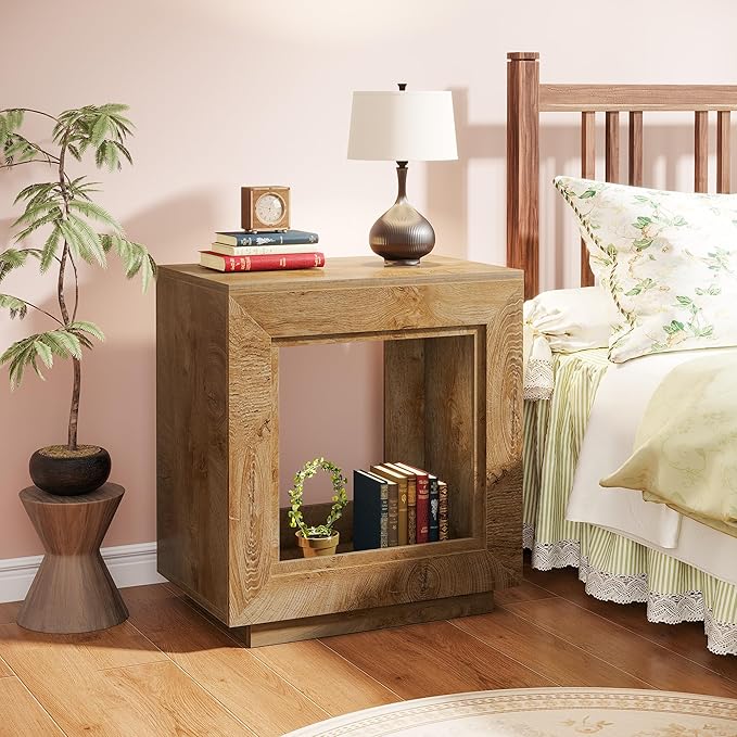 Tribesigns Rustic Wood End Table, 2 Tiered Square Side Table with Storage Shelf, Industrial Sofa Side Table for Living Room, Entrance (1, Wood)