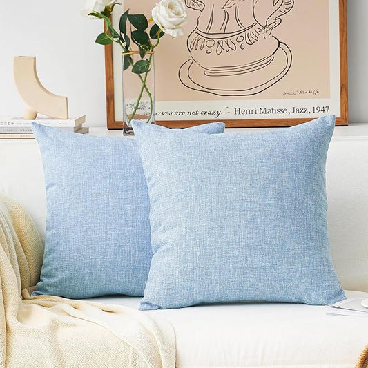 Home Brilliant Set of 2 Farmhouse Pilloe Covers 22x22 Blue Lined Linen Euro Pillow Covers for Living Room 55x55 cm 22 inch, Light Blue