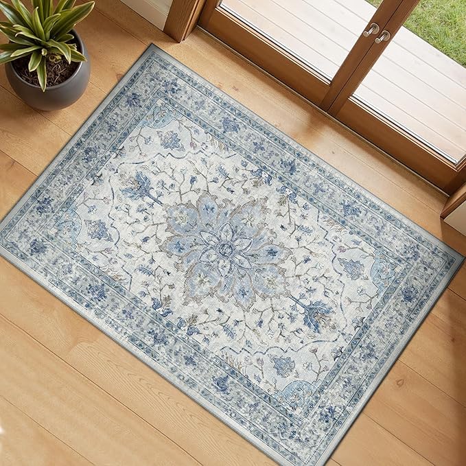 RELEANY Area Rugs 2'x3' Washable Non-Slip, Floral Vintage Distress Print Pattern Medallion Carpet for Living Room Bedroom Dining Room, Light Blue Navy Beige Gray White