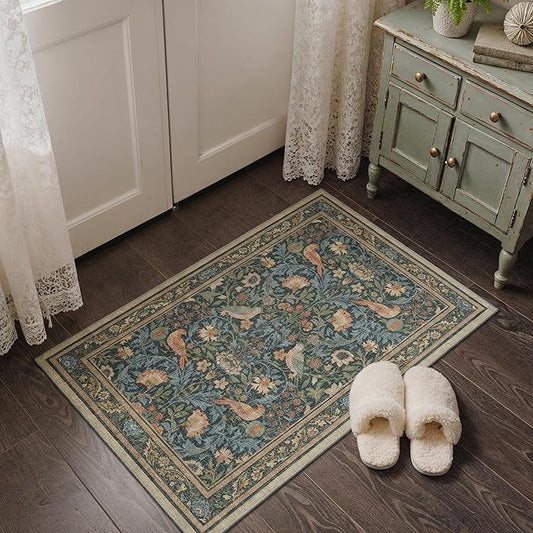 Bavni Boho 2x3 Washable Entryway Rug, Botanical Vintage Bird Door Mat Non Slip, Low Pile Soft Thin Blue Green Carpet Stain Resistant, Small Floral Area Rugs for Bedroom, Bathroom, Laundry, Kitchen