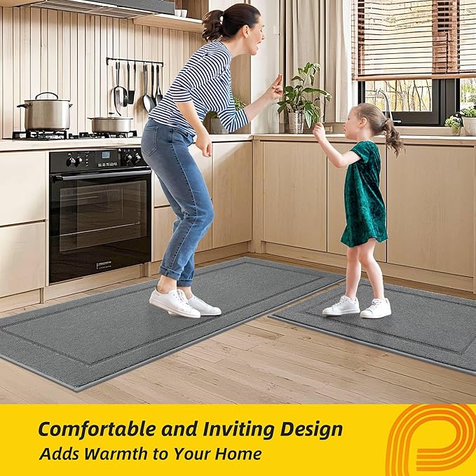 JSEI Non-Slip Kitchen Mats, Self Adhesive No Sliding Kitchen Rugs Set of 2, Washable Absorbent Floor Mat for Kitchen, Bathroom, Laundry Room, Bedroom, 24”x36”+24”x60”, Light Grey, Rectangular Pattern