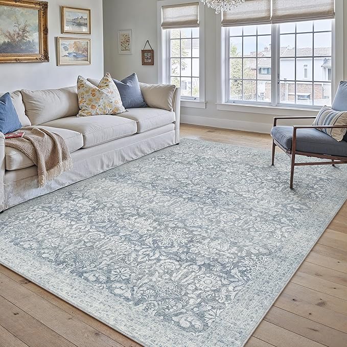 PureCozy Blue 5x7 Area Rug Washable Vintage Living Room Bedroom Carpet Indoor Non Slip Soft Low Pile Thin Rug Retro Accent Throw Office Dining Room