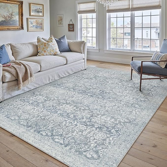 PureCozy Blue 5x7 Area Rug Washable Vintage Living Room Bedroom Carpet Indoor Non Slip Soft Low Pile Thin Rug Retro Accent Throw Office Dining Room